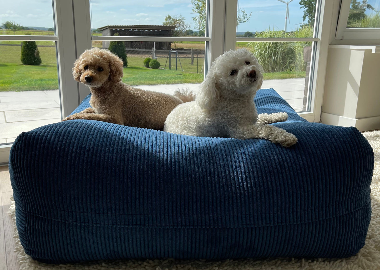 Orthopädisches Hundebett Dozzy Pouf Blau mit Memory-Schaum-Füllung und kuscheliger Kuhle